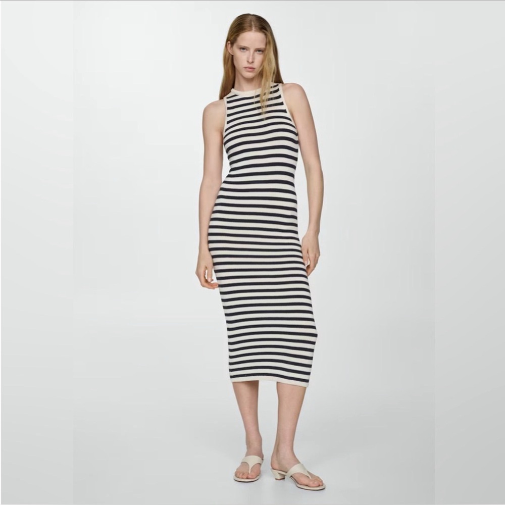 NWT Mango Black and White Striped Bodycon Sleeveless Midi Dress XS